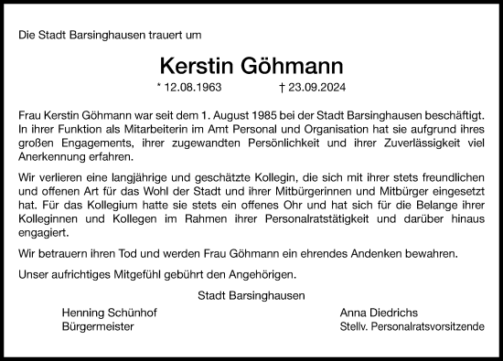 Traueranzeige von Kerstin Göhmann von Hannoversche Allgemeine Zeitung/Neue Presse