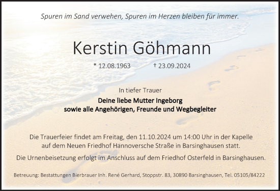 Traueranzeige von Kerstin Göhmann von Hannoversche Allgemeine Zeitung/Neue Presse