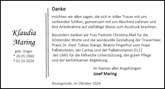 Traueranzeige von Klaudia Maring von Eichsfelder Tageblatt