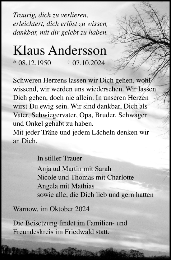 Traueranzeige von Klaus Andersson von Ostsee-Zeitung GmbH