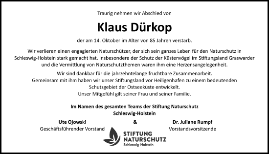 Traueranzeige von Klaus Dürkop von Kieler Nachrichten