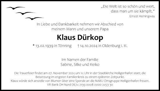 Traueranzeige von Klaus Dürkop von Lübecker Nachrichten