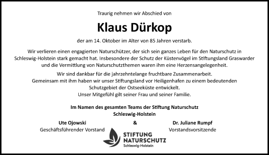 Traueranzeige von Klaus Dürkop von Lübecker Nachrichten