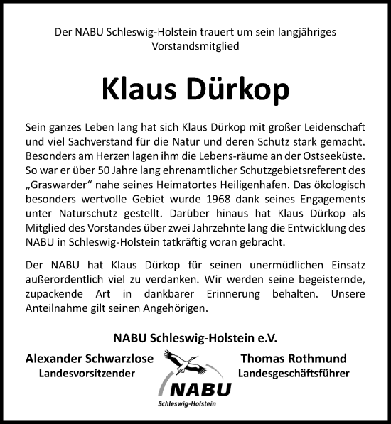 Traueranzeige von Klaus Dürkop von Lübecker Nachrichten