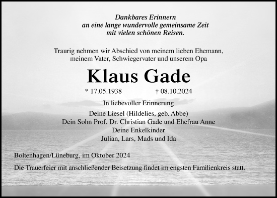 Traueranzeige von Klaus Gade von Ostsee-Zeitung GmbH