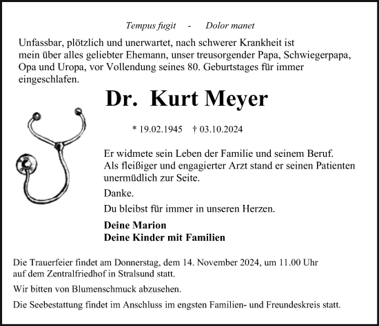 Traueranzeige von Kurt Meyer von Ostsee-Zeitung GmbH