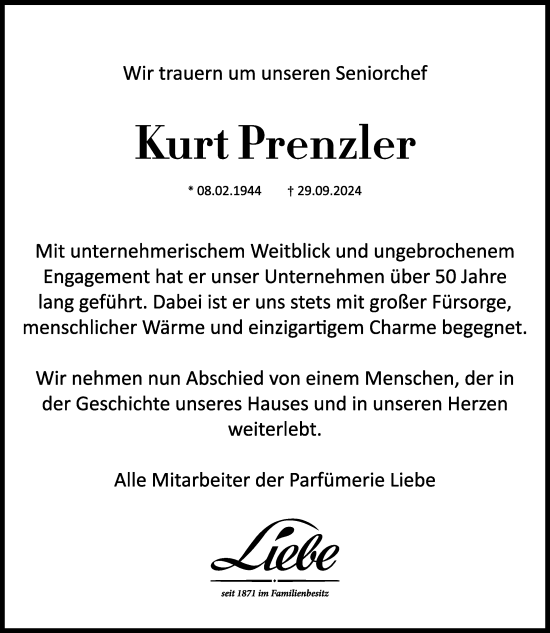 Traueranzeige von Kurt Prenzler von Hannoversche Allgemeine Zeitung/Neue Presse