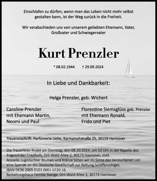 Traueranzeige von Kurt Prenzler von Hannoversche Allgemeine Zeitung/Neue Presse