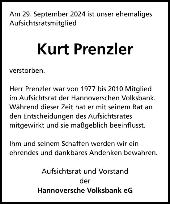 Traueranzeige von Kurt Prenzler von Hannoversche Allgemeine Zeitung/Neue Presse