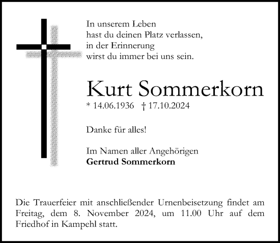 Traueranzeige von Kurt Sommerkorn von Wochenspiegel