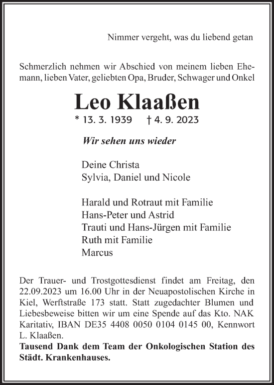 Traueranzeige von Leo Klaaßen von Kieler Nachrichten