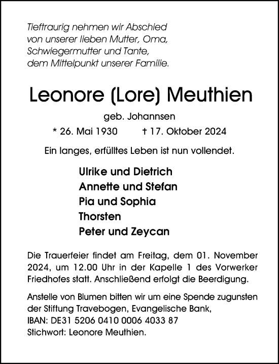 Traueranzeige von Leonore Meuthien von Lübecker Nachrichten