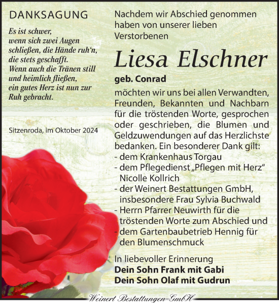 Traueranzeige von Liesa Elschner von Torgauer Zeitung