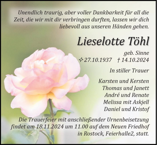 Traueranzeige von Lieselotte Töhl von Ostsee-Zeitung GmbH