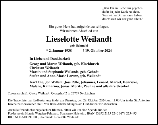 Traueranzeige von Lieselotte Weilandt von Lübecker Nachrichten