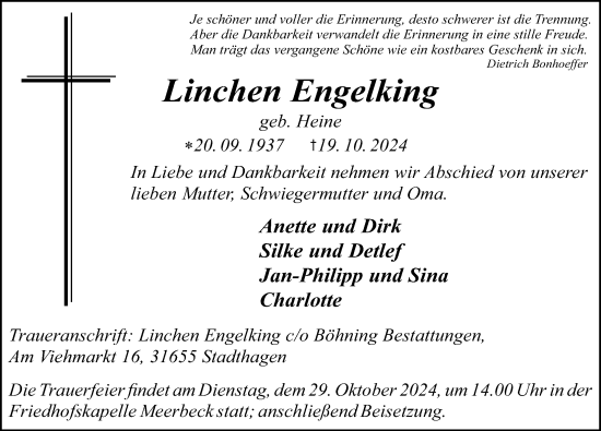 Traueranzeige von Linchen Engelking von Schaumburger Nachrichten