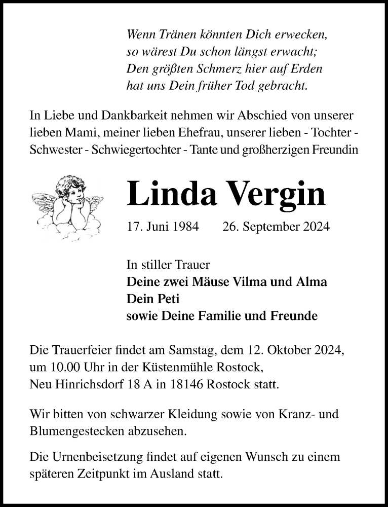  Traueranzeige für Linda Vergin vom 05.10.2024 aus Ostsee-Zeitung GmbH