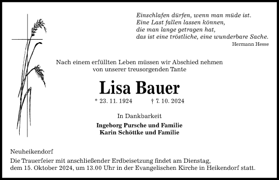 Traueranzeige von Lisa Bauer von Kieler Nachrichten