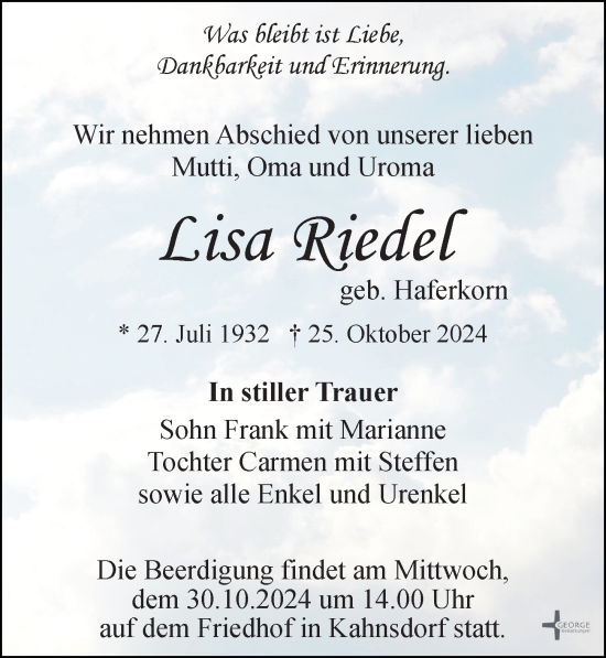 Traueranzeige von Lisa Riedel von Leipziger Volkszeitung