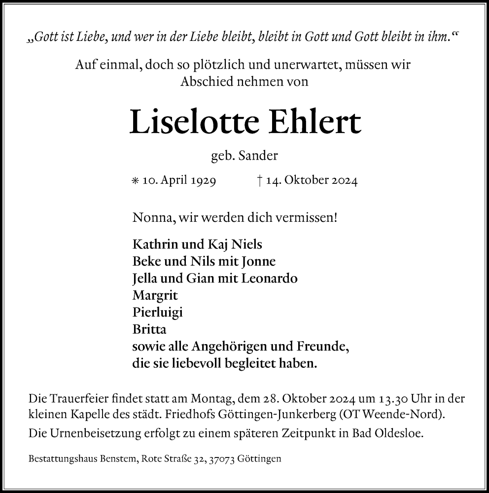  Traueranzeige für Liselotte Ehlert vom 19.10.2024 aus Göttinger Tageblatt