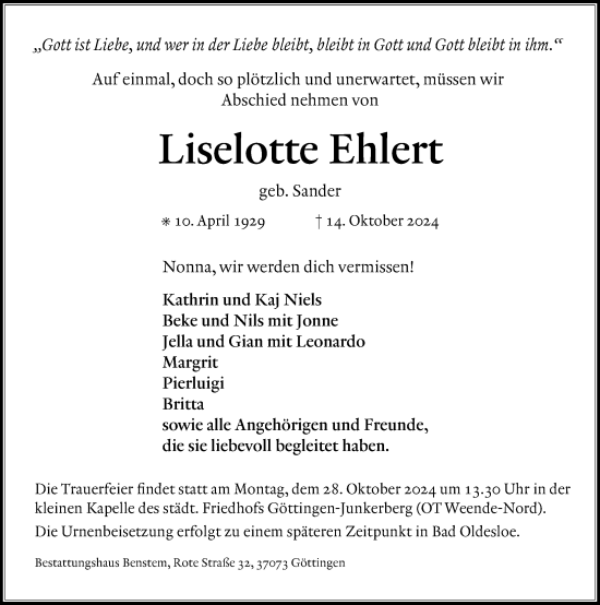 Traueranzeige von Liselotte Ehlert von Göttinger Tageblatt