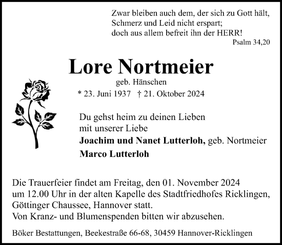 Traueranzeige von Lore Nortmeier von Hannoversche Allgemeine Zeitung/Neue Presse