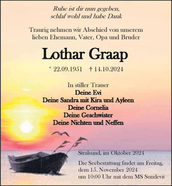 Traueranzeige von Lothar Graap von Ostsee-Zeitung GmbH