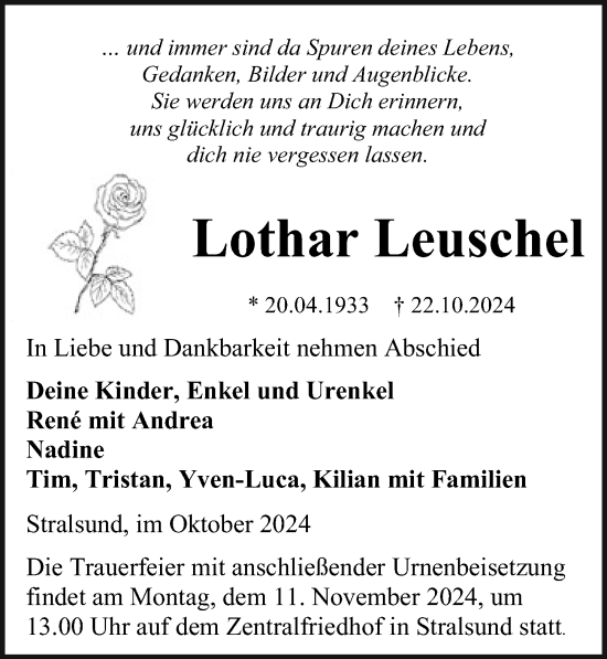 Traueranzeige von Lothar Leuschel von Ostsee-Zeitung GmbH