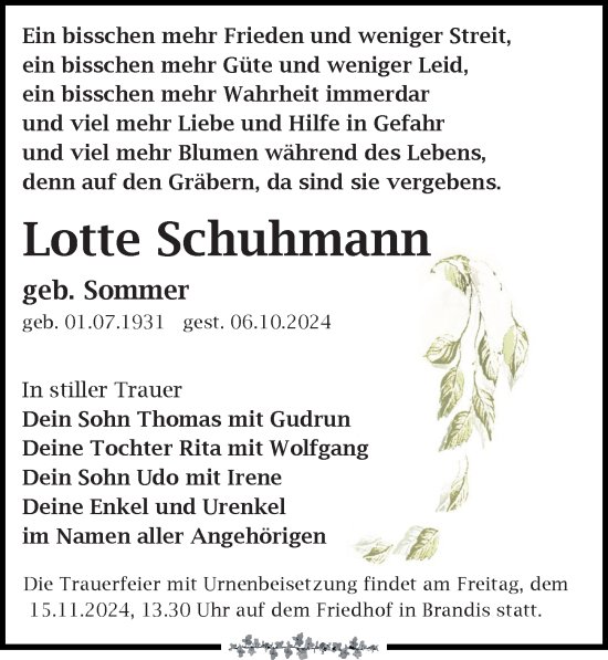 Traueranzeige von Lotte Schuhmann von Leipziger Volkszeitung