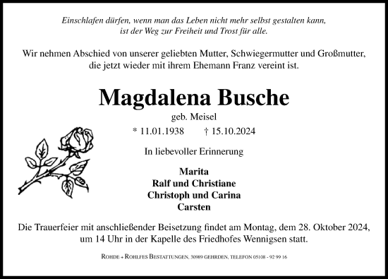 Traueranzeige von Magdalena Busche von Hannoversche Allgemeine Zeitung/Neue Presse