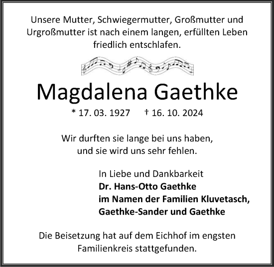 Traueranzeige von Magdalena Gaethke von Kieler Nachrichten