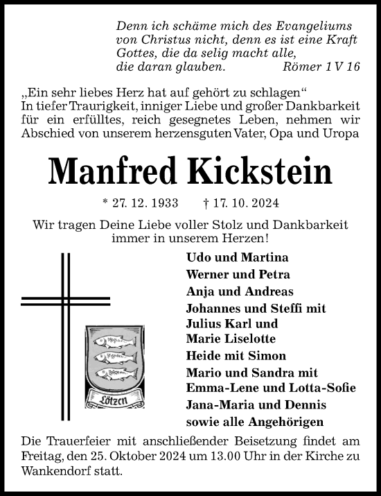 Traueranzeige von Manfred Kickstein von Kieler Nachrichten