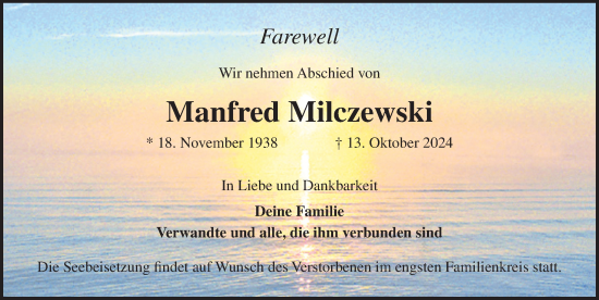 Traueranzeige von Manfred Milczewski von Lübecker Nachrichten