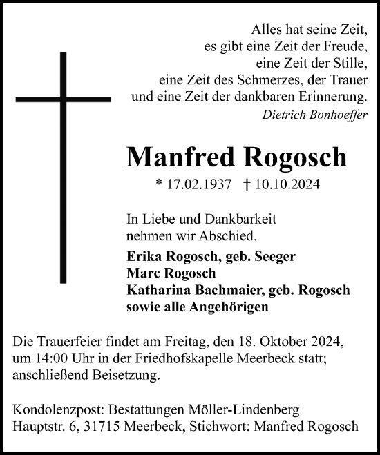 Traueranzeige von Manfred Rogosch von Schaumburger Nachrichten