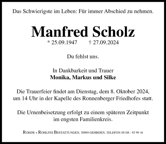 Traueranzeige von Manfred Scholz von Hannoversche Allgemeine Zeitung/Neue Presse