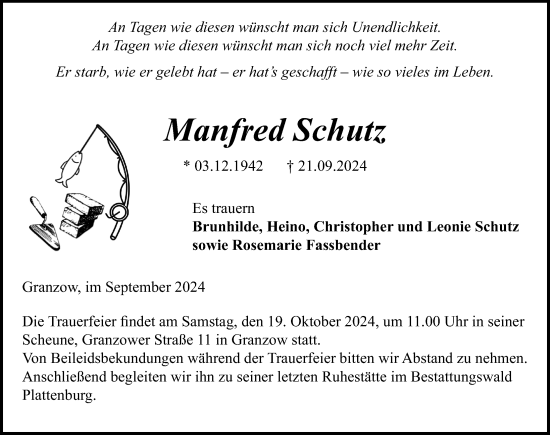 Traueranzeige von Manfred Schutz von Wochenspiegel