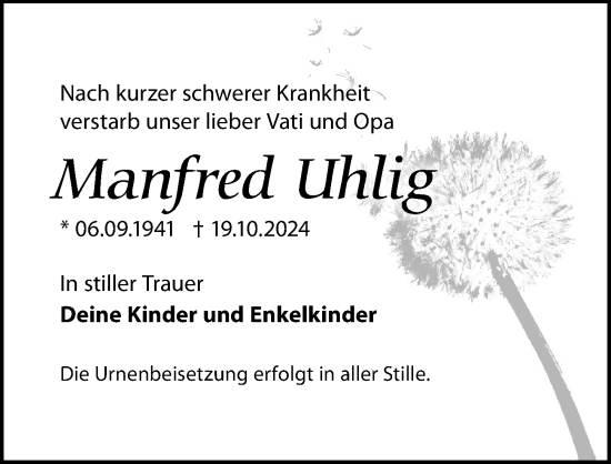 Traueranzeige von Manfred Uhlig von Wochenspiegel