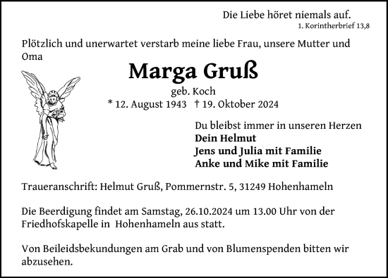 Traueranzeige von Marga Gruß von Peiner Allgemeine Zeitung