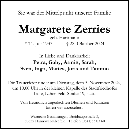 Traueranzeige von Margarete Zerries von Hannoversche Allgemeine Zeitung/Neue Presse