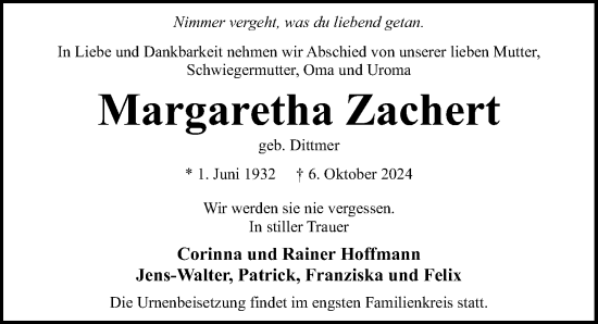 Traueranzeige von Margaretha Zachert von Hannoversche Allgemeine Zeitung/Neue Presse