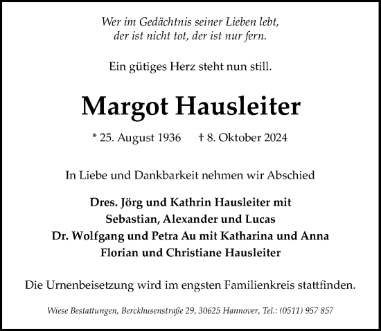 Traueranzeige von Margot Hausleiter von Hannoversche Allgemeine Zeitung/Neue Presse