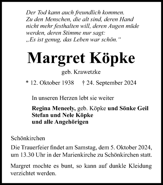 Traueranzeige von Margret Köpke von Kieler Nachrichten