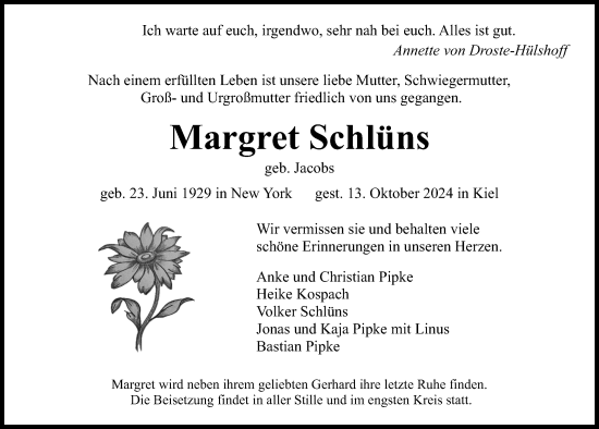 Traueranzeige von Margret Schlüns von Kieler Nachrichten