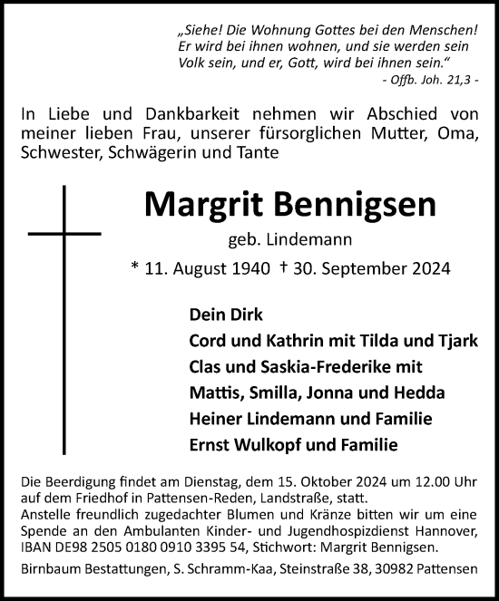 Traueranzeige von Margrit Bennigsen von Hannoversche Allgemeine Zeitung/Neue Presse