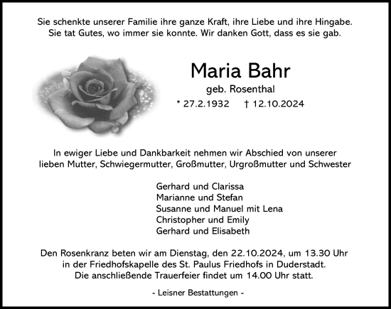 Traueranzeige von Maria Bahr von Eichsfelder Tageblatt