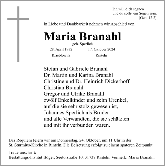 Traueranzeige von Maria Branahl von Schaumburger Nachrichten und Schaumburger Zeitung/ Landes-Zeitung