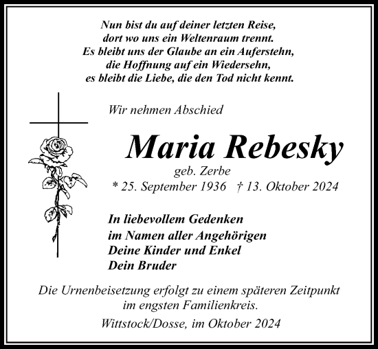 Traueranzeige von Maria Rebesky von Wochenspiegel