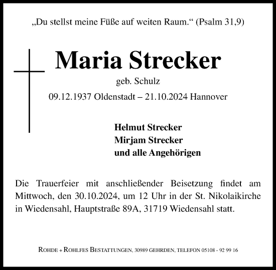 Traueranzeige von Maria Strecker von Schaumburger Nachrichten