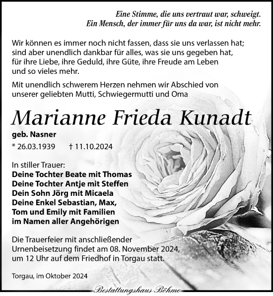 Traueranzeige von Marianne Frieda Kunadt von Torgauer Zeitung