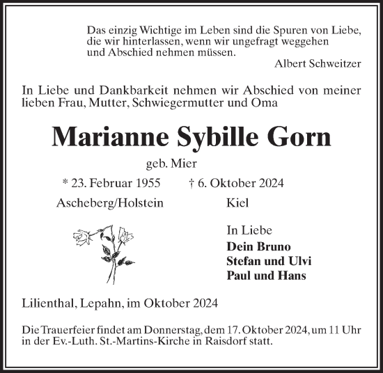 Traueranzeige von Marianne Sybille Gorn von Kieler Nachrichten